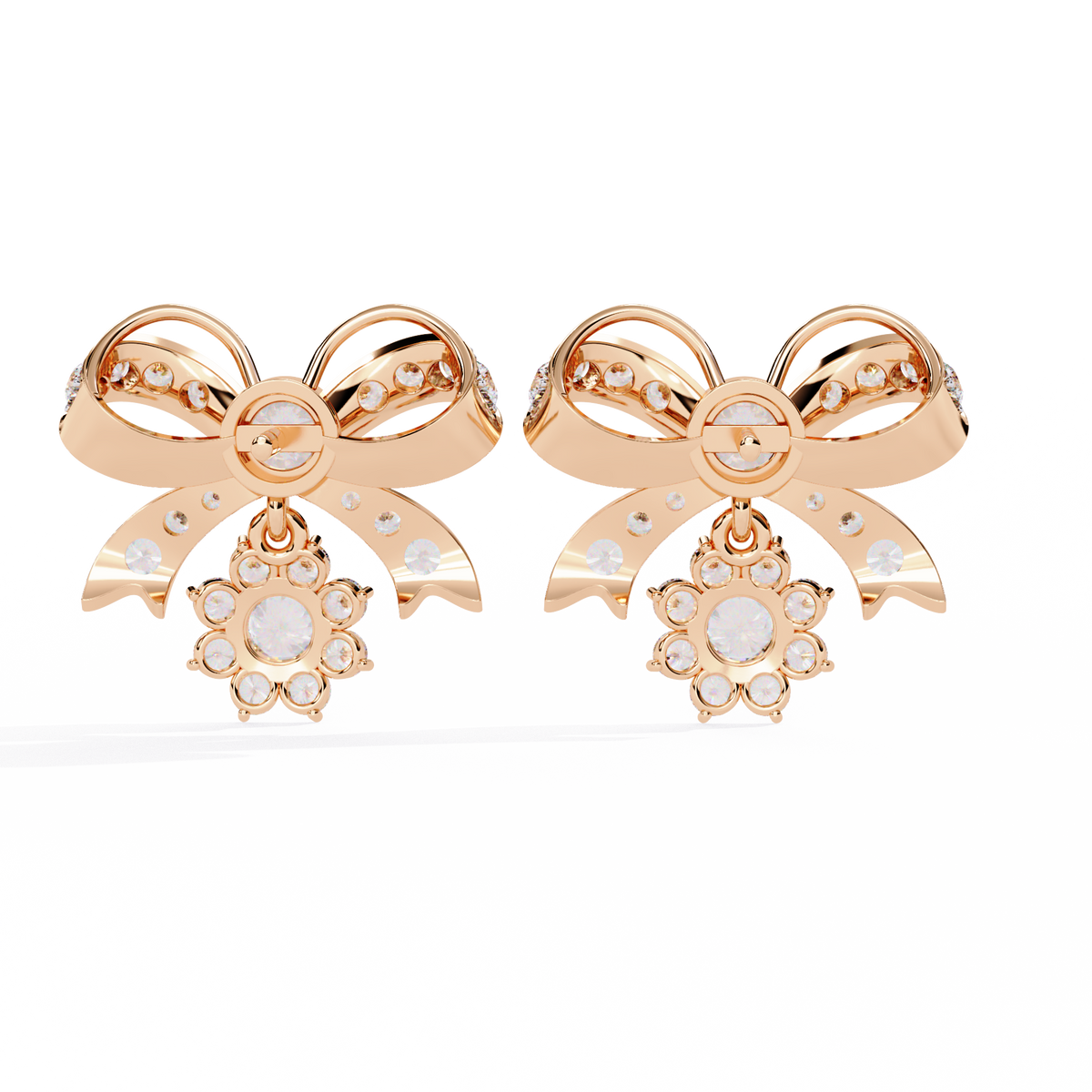 Unique Moissanite Round Diamond Bow Drop Earrings with Dazzling Pave Detailing and Sparkling Floral Charm - View 7