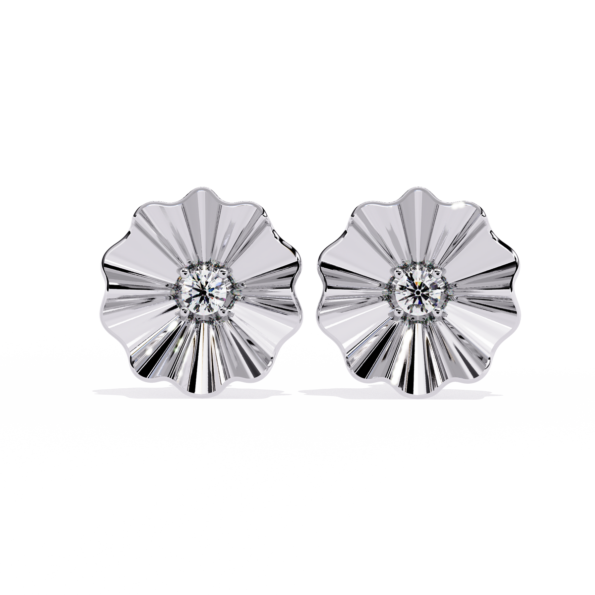 Sunburst Lab Diamond Round Center Flower Stud Earrings with Fluted Design - View 3