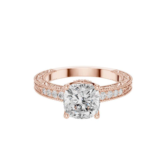 Vintage Cushion Cut Lab Diamond Engagement Ring With Filigree Band - View 2