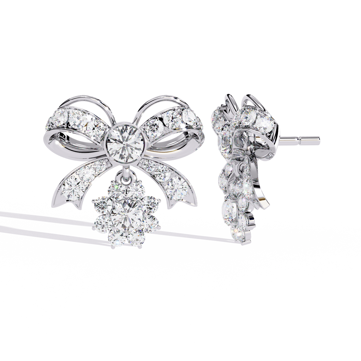 Unique Moissanite Round Diamond Bow Drop Earrings with Dazzling Pave Detailing and Sparkling Floral Charm - View 5
