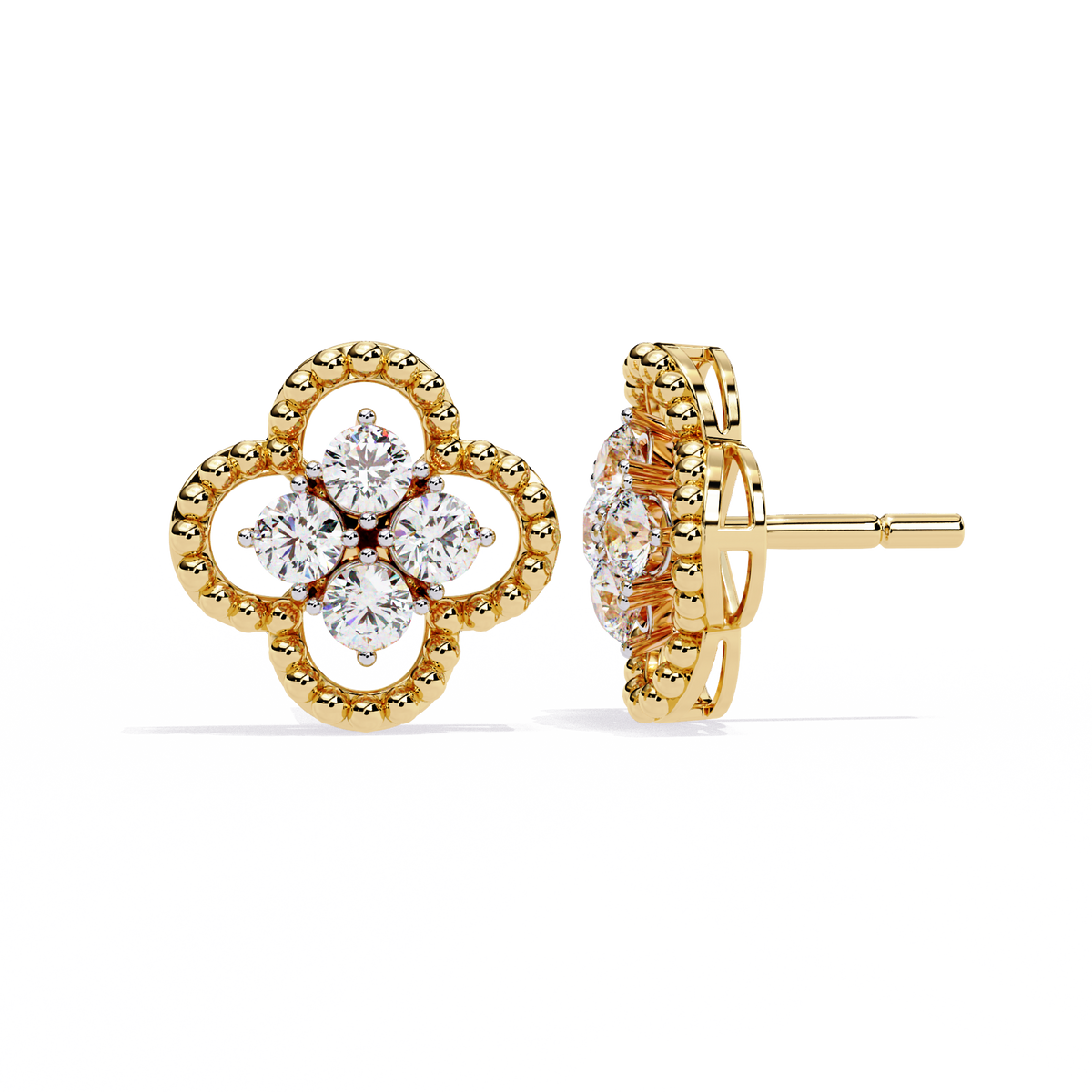 Luxury Floral Motif Stud Earrings with Sparkling Lab Diamond Inspired Cluster Centerpiece - View 4
