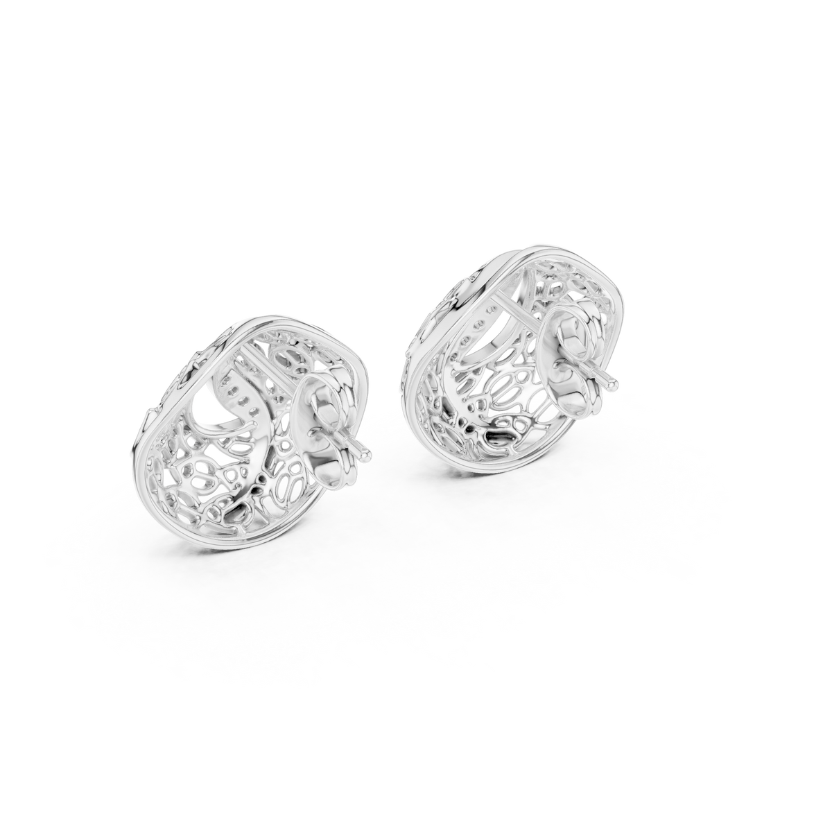 Artisan Filigree Wave Round Lab Diamond Stud Earrings with Curved Pave Accent - View 12