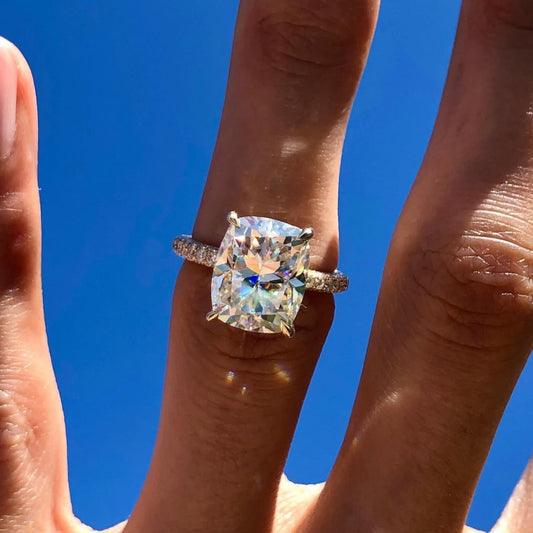 Delicate Cushion Cut Lab Diamond Hidden Halo Pave Engagement Ring - View 2