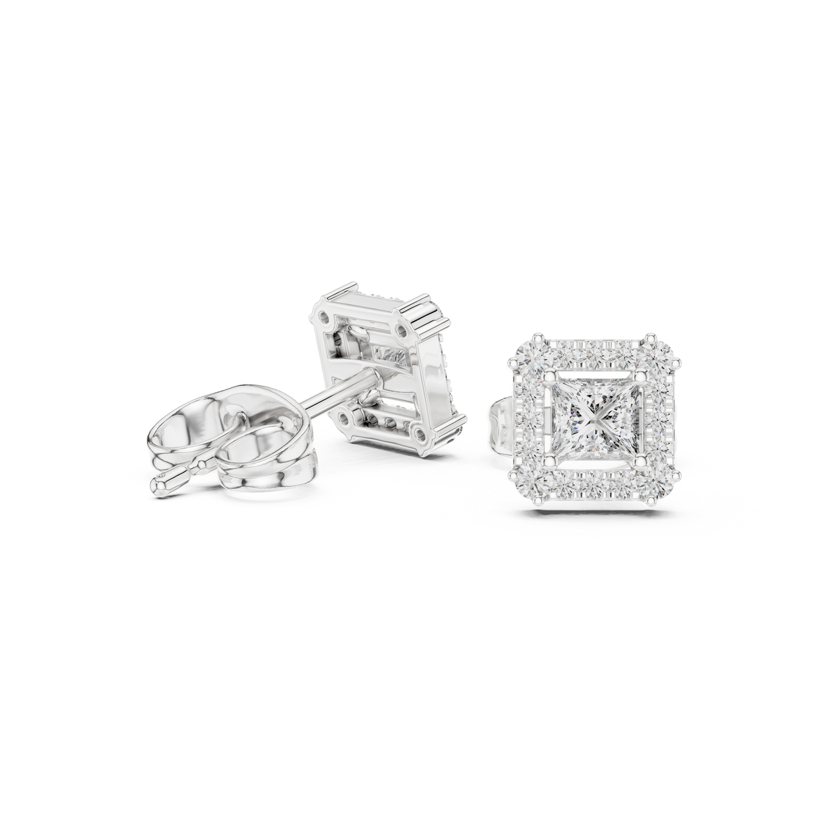 Princess Cut Moissanite Diamond Square Halo Stud Earring - View 9