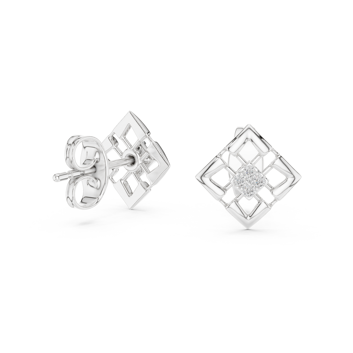 Architectural Geometric Lab Round Diamond Frame Stud Earrings with Floating Accents - View 9
