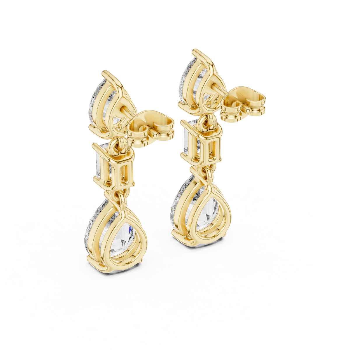 Three Stone Pear & Emerald Cut Moissanite Diamond Drop Stud Earrings with Vertical Design - View 7