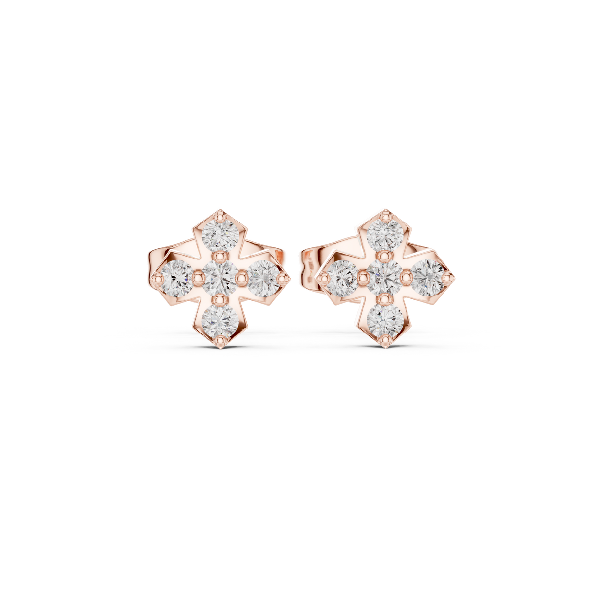Refined Geometric Cross Round Moissanite Diamond Stud Earrings with Five Stone Cluster - View 2