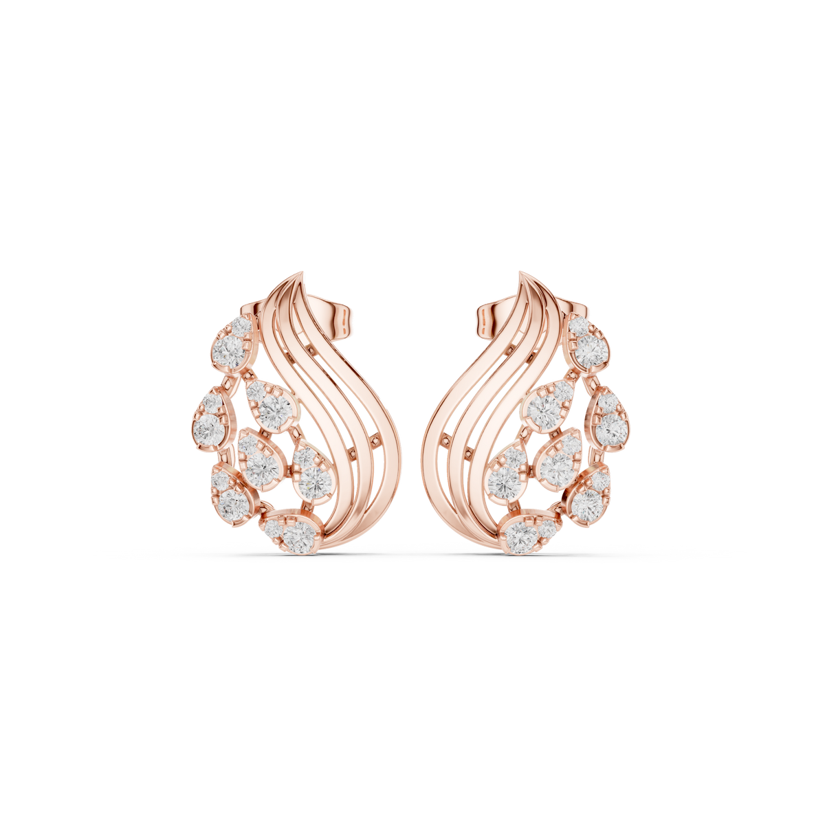 Modern Wave Round Lab Diamond Stud Earrings Flowing Flame Design - View 2