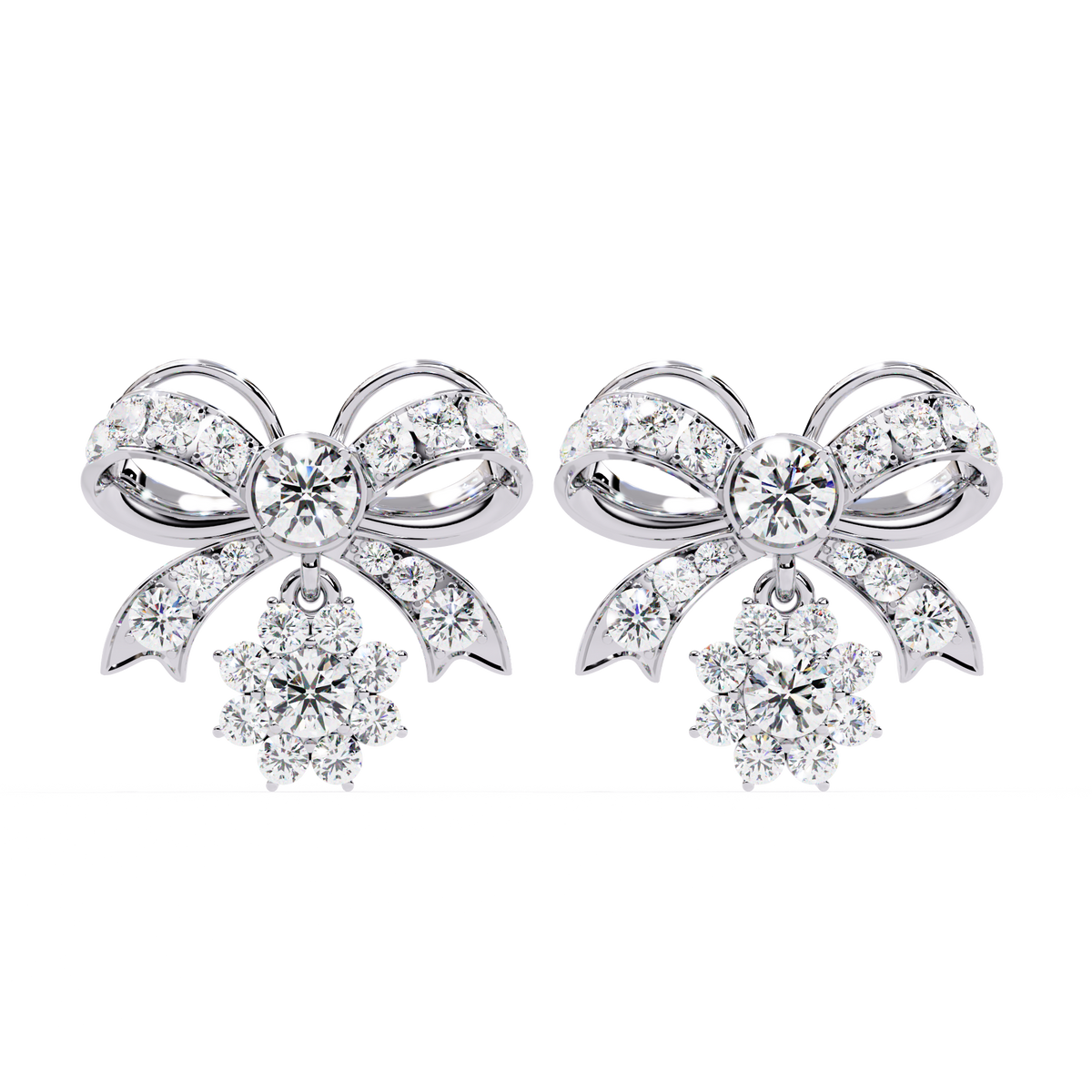 Unique Lab Grown Round Diamond Bow Drop Earrings with Dazzling Pave Detailing and Sparkling Floral Charm - View 3