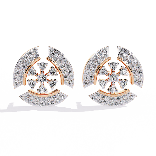 Crescent Round Lab Diamond Studs Accented With Multi Petal Floral Diamond Design - View 2