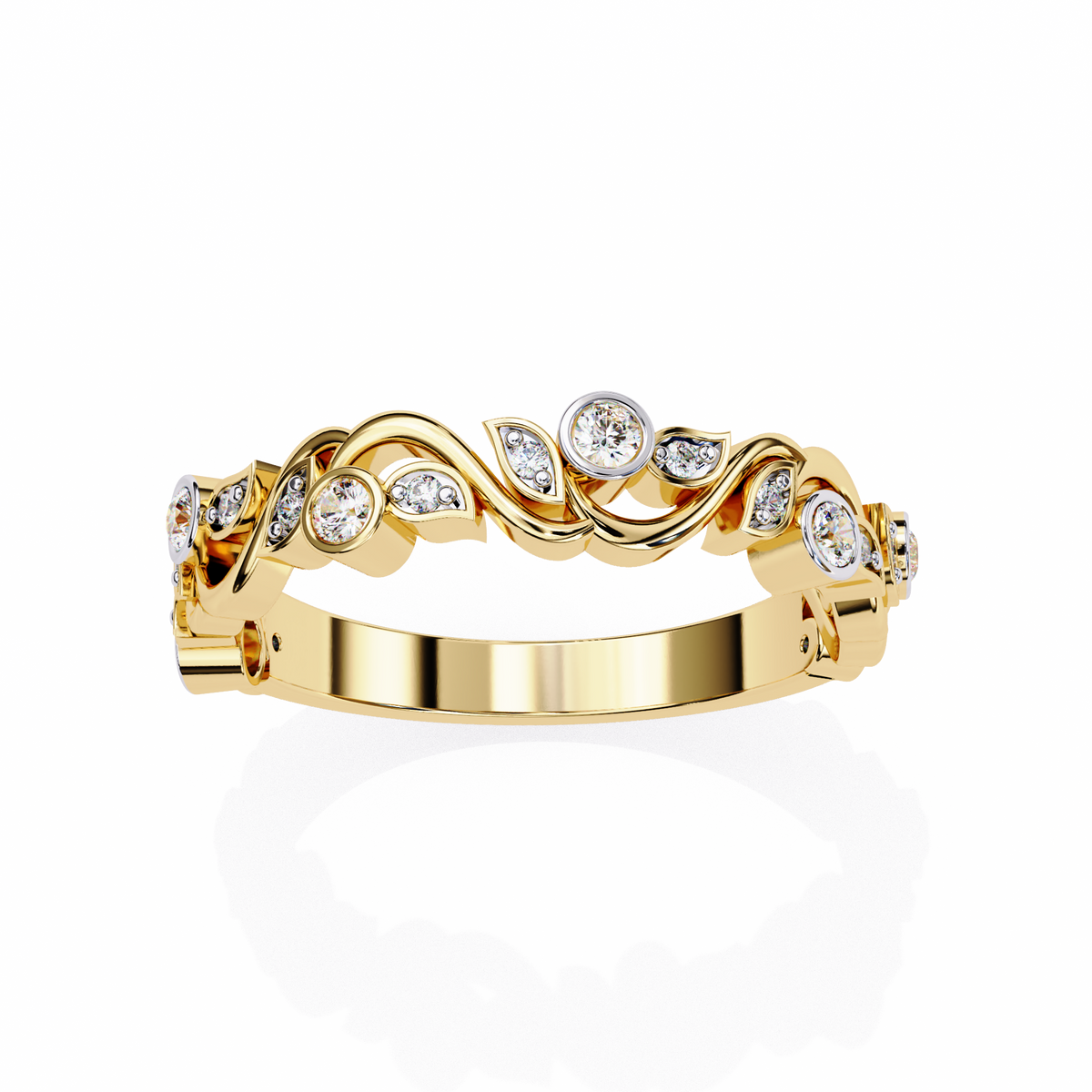 Round Moissanite Diamond Bezel Set Diamond Vine Design Band - View 8
