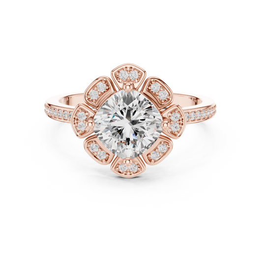Cushion Cut Floral Flower Halo Moissanite Diamond Ring - View 2
