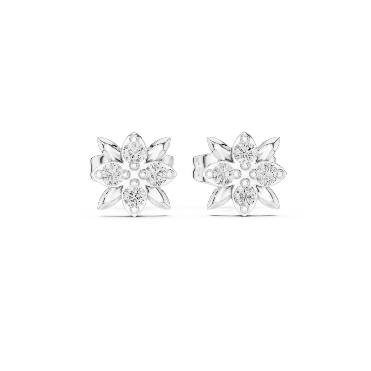 Leaf Petal Round Moissanite Diamond Flower Stud Earrings with Cluster Center - View 3