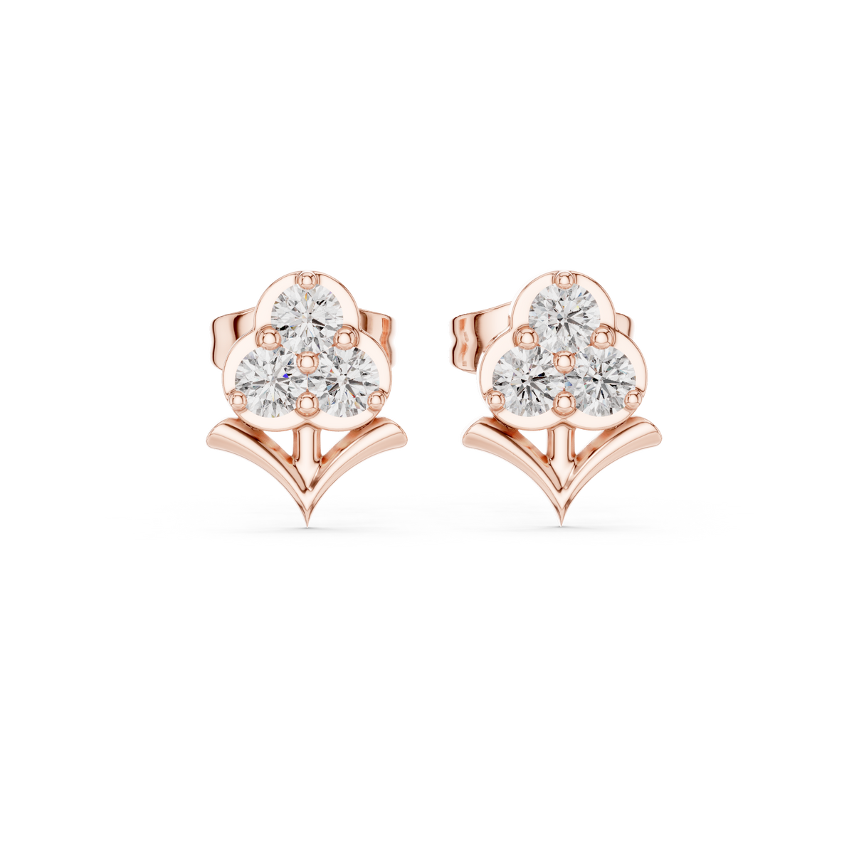Stem Motif Floral Clover Round Triple Lab Diamond Cluster Earring - View 2
