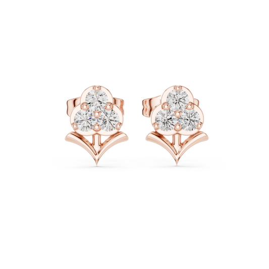 Stem Motif Floral Clover Round Triple Lab Diamond Cluster Earring - View 2