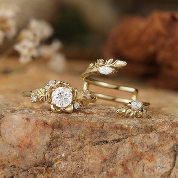 Round Cut Lab Diamond Women's Botanical Rose Flower Bridal Set