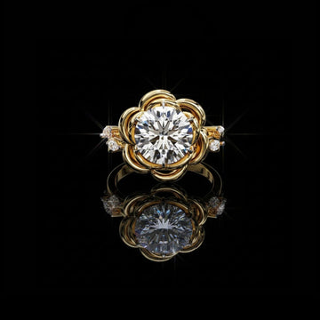 Floral Halo Round Cut Moissanite Diamond Solitaire Wedding Ring