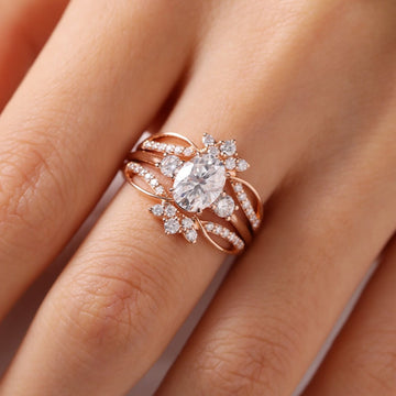 Oval Moissanite Diamond Floral Bridal Ring Set With Side Twisted Band