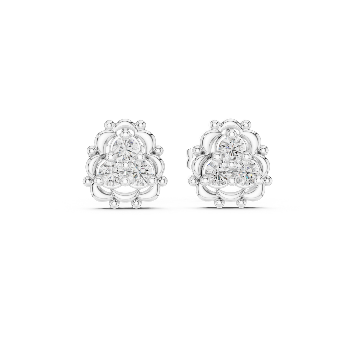 Vintage Floral Round Moissanite Diamond Cluster Stud Earrings with Beaded Halo Design - View 3