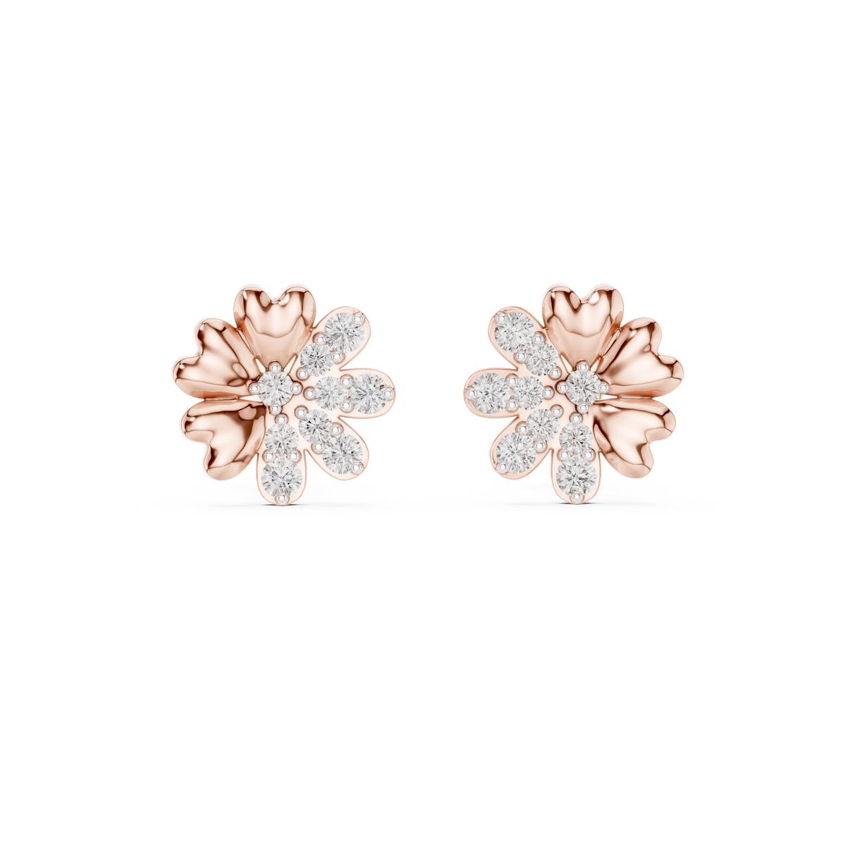 Floral Blossom Round Moissanite Diamond Mixed Petal Stud Earrings - View 2