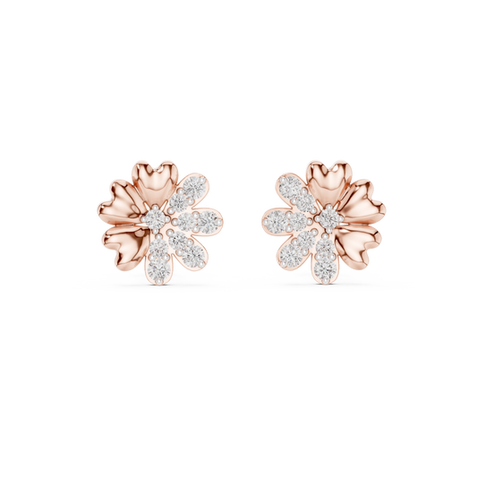 Floral Blossom Round Lab Diamond Mixed Petal Stud Earrings - View 2