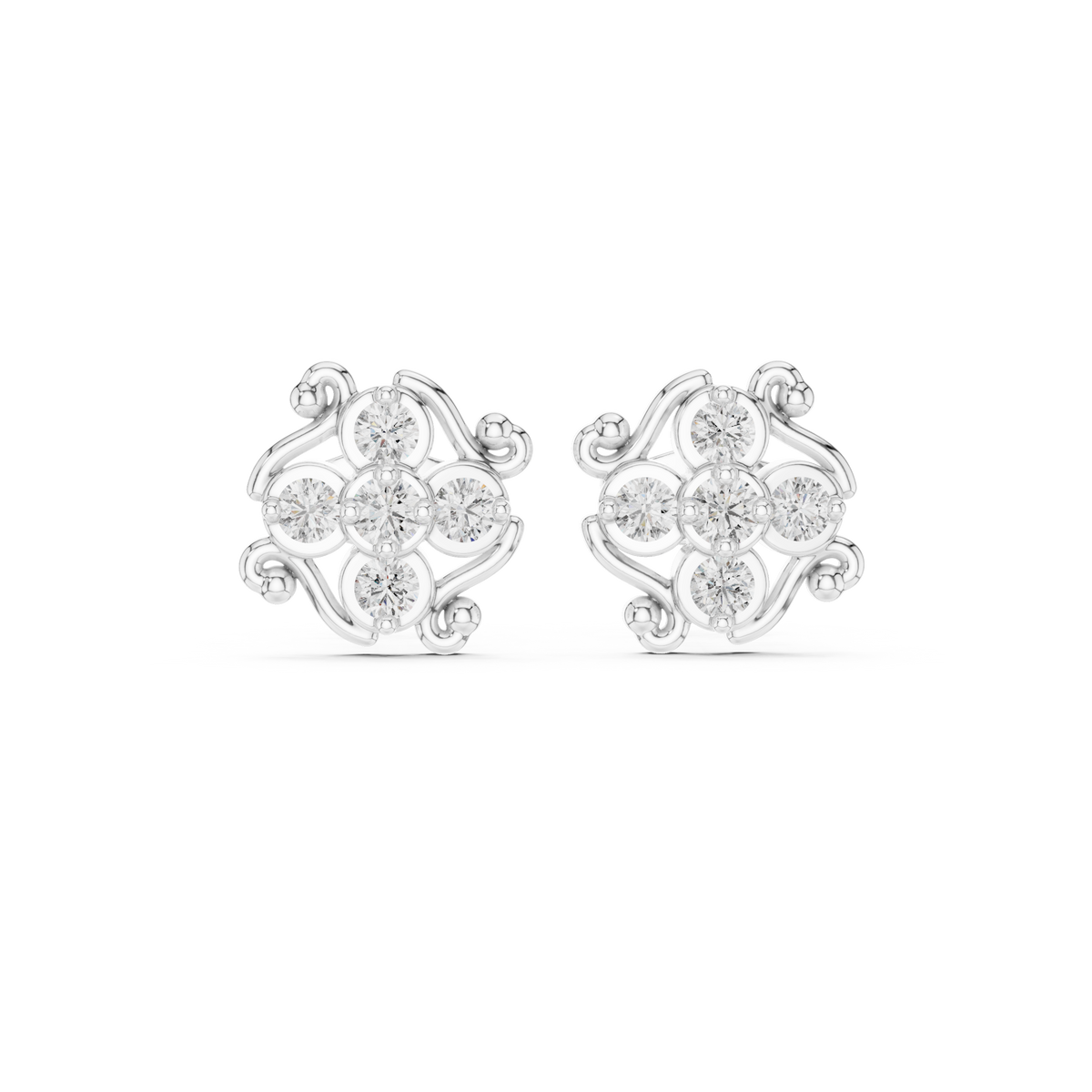 Ornamental Floral Cluster Moissanite Diamond Stud Earrings With Spiral Ribbon Whirl - View 3