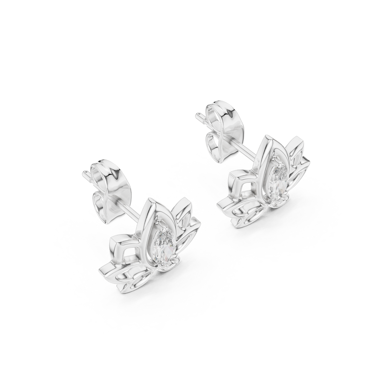 Lotus Flower Marquise Cut Lab Diamond Open Petal Stud Earrings - View 6