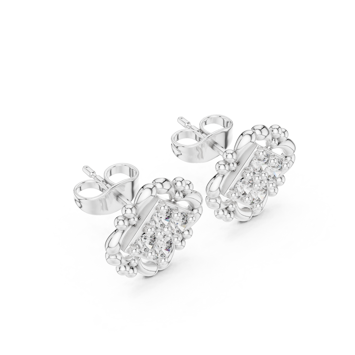 Sculpted Ornate Round Moissanite Diamond Stud Earrings with Floral Beaded Frame - View 6