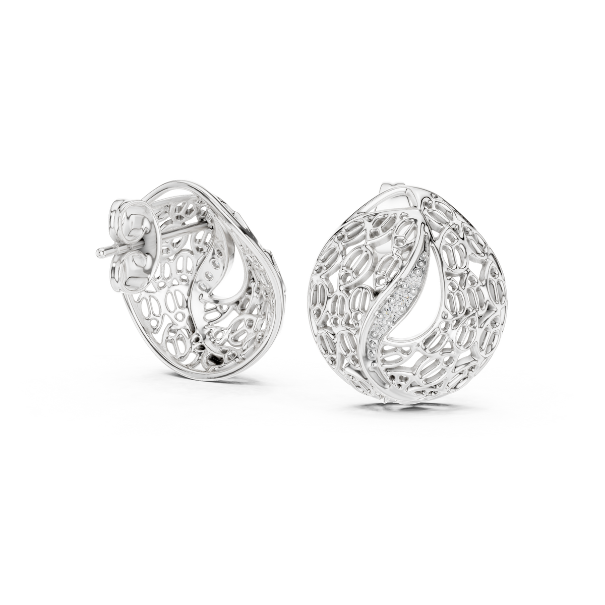 Artisan Filigree Wave Round Moissanite Diamond Stud Earrings with Curved Pave Accent - View 9