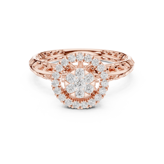 Round Floral Cluster Double Halo Moissanite Diamond Ring - View 2