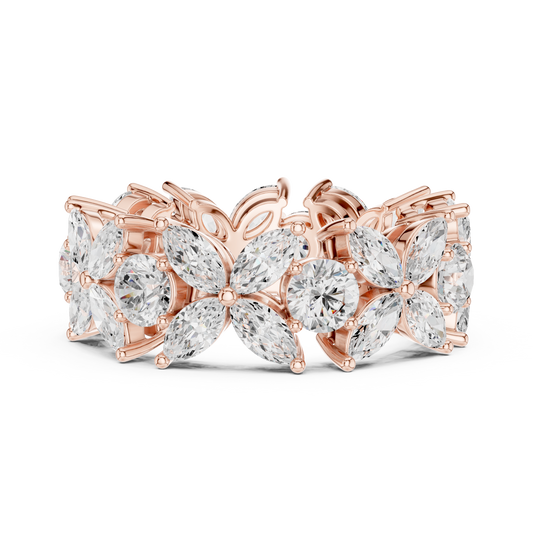 Floral Motif Marquise and Round Moissanite Diamond Wedding Eternity Band - View 2