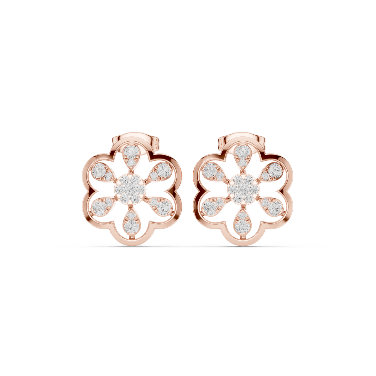 Scalloped Flower Petal Round Brilliant Cut Moissanite Diamond Stud Earrings Openwork Blossom - View 2