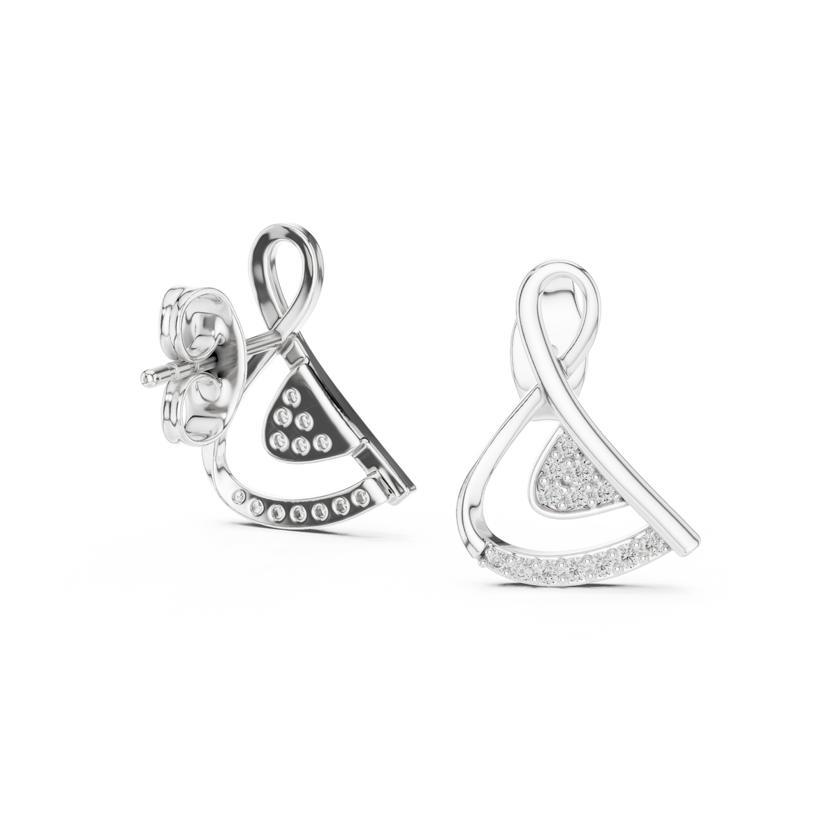 Modern Infinity Loop Round Moissanite Diamond Stud Earrings with Curved Pave Arc - View 8