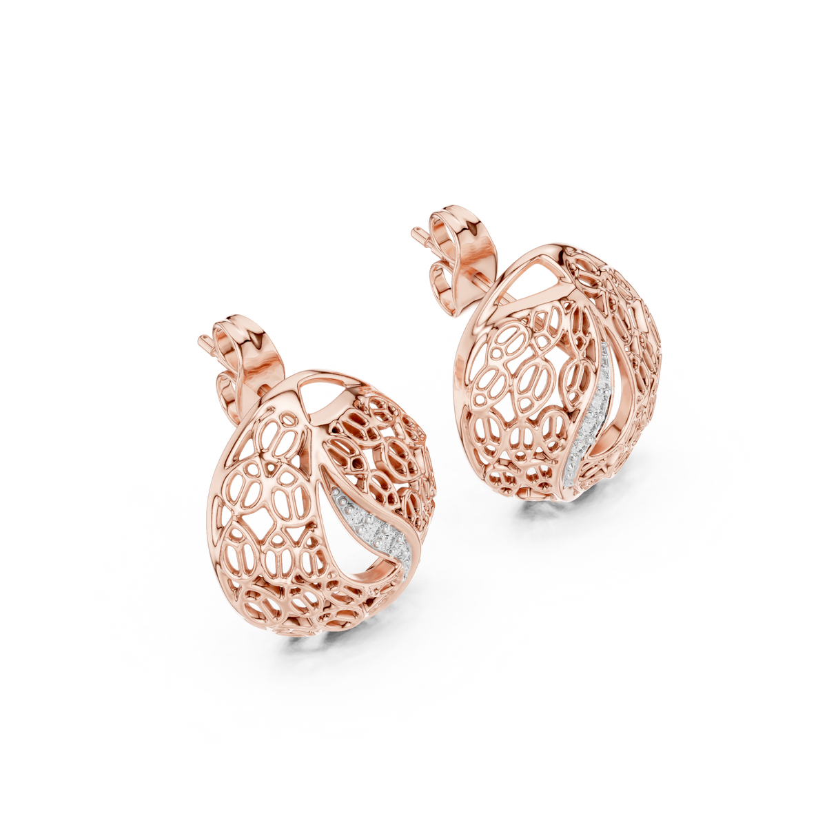Artisan Filigree Wave Round Lab Diamond Stud Earrings with Curved Pave Accent - View 5