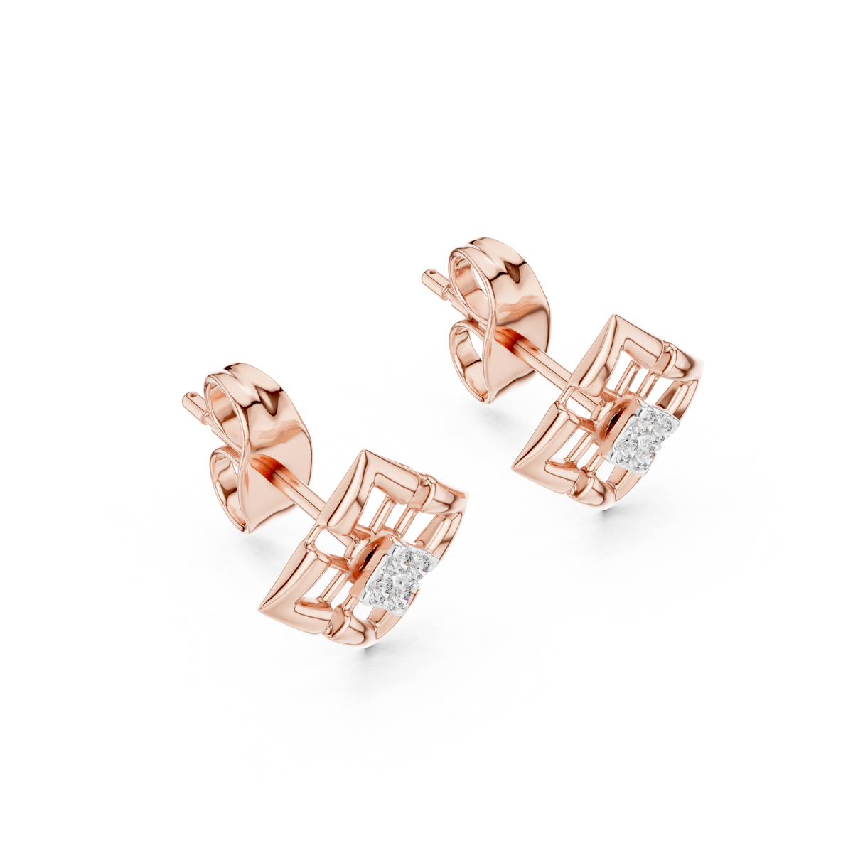 Architectural Geometric Moissanite Round Diamond Frame Stud Earrings with Floating Accents - View 5