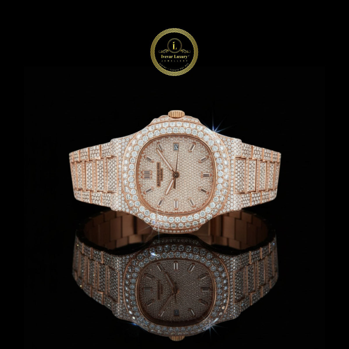 Full Iced Out Rose Gold Diamond Watch with Pavé Dial & Diamond Bracelet