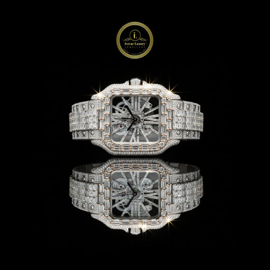 Full Iced Out Two-Tone Diamond Square Watch with Roman Dial & Pave Link Band and Baguette Accents