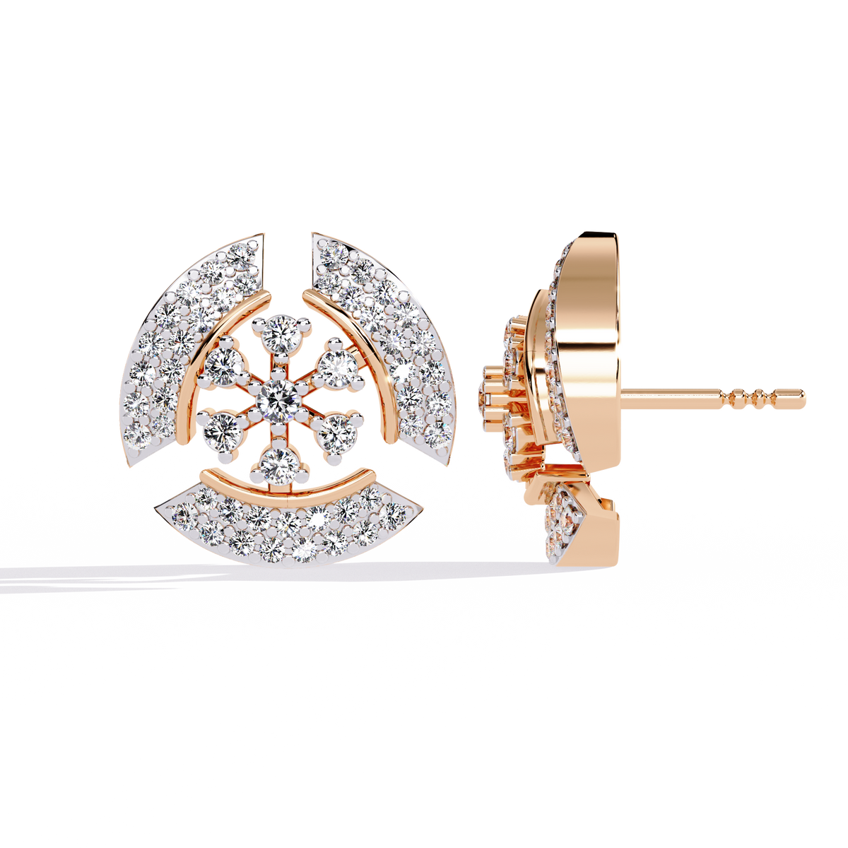 Crescent Round Moissanite Diamond Studs Accented With Multi Petal Floral Diamond Design - View 5