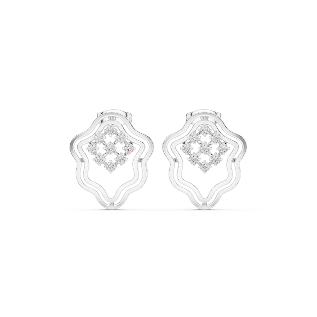 Moroccan Lattice Round Brilliant Cut Lab Diamond Stud Earrings Scalloped Openwork - View 3