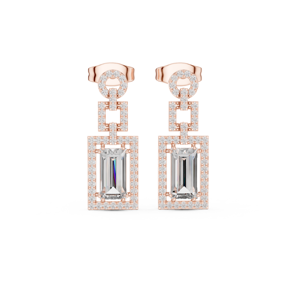 Art Deco Rectangular Halo Emerald Cut Lab Grown Diamond Chandelier Drop Earring - View 2