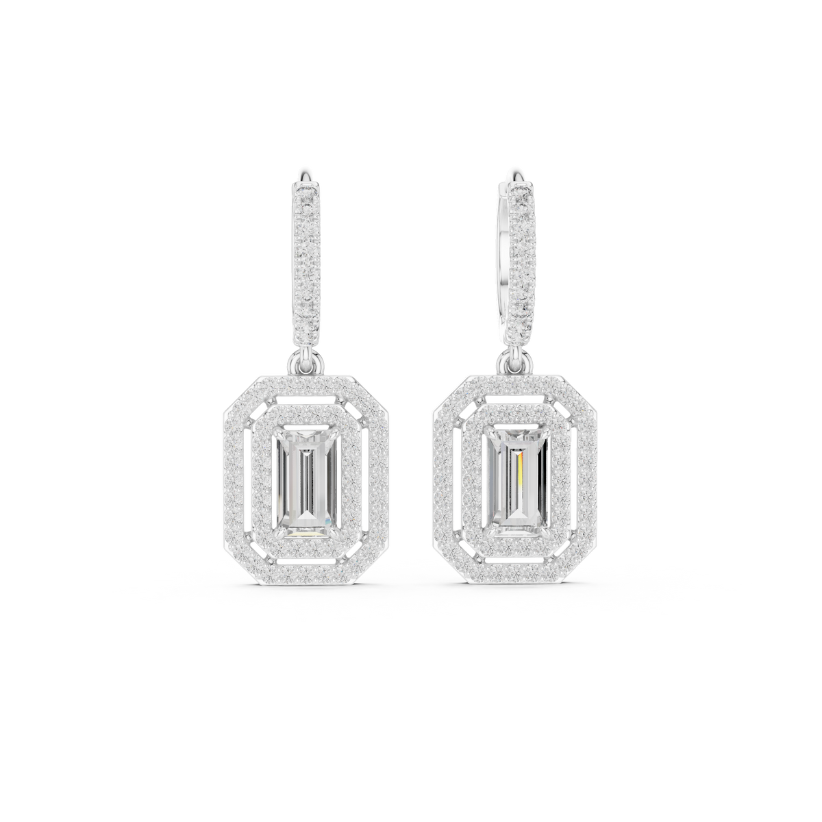Art Deco Octagonal Double Halo Emerald Cut Lab Grown Diamond Huggie Drop Earrings - View 3