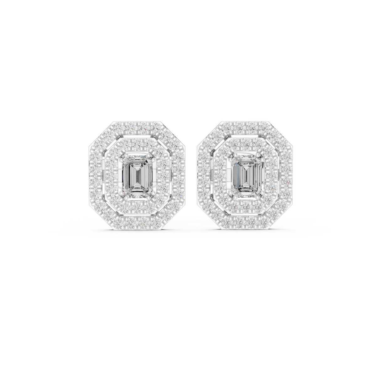 Octagonal Double Halo Emerald Cut Lab Grown Diamond Stud Earring - View 3