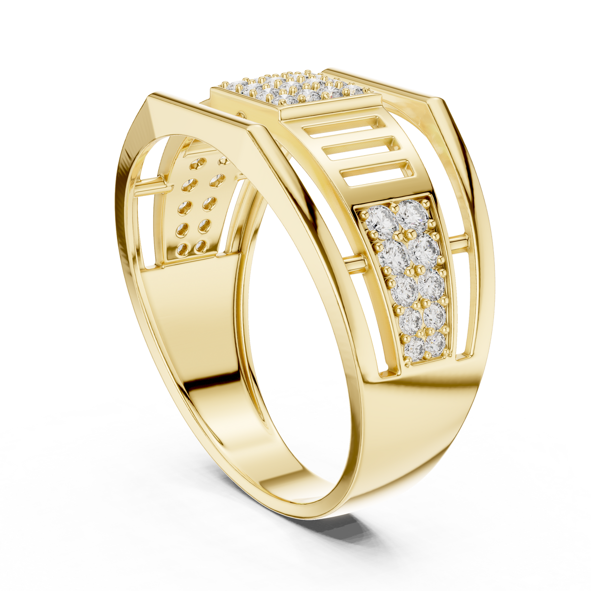 Round Cut Lab Grown Diamond Men's Pillar Cage Geometric Gold Statement Band - View 7