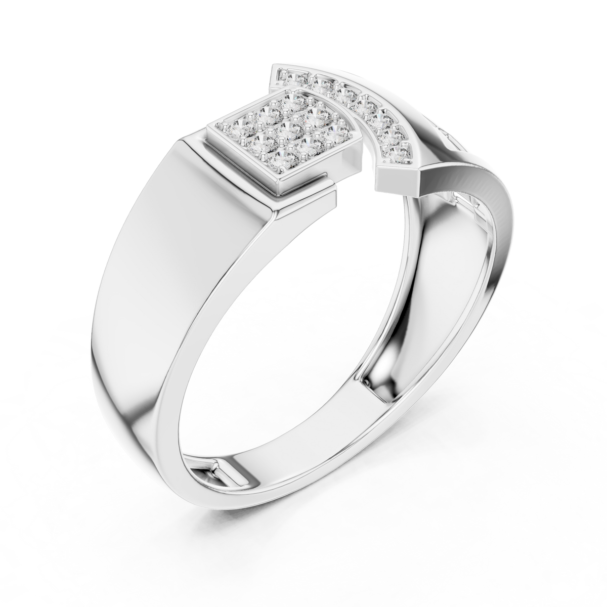 Round Cut Moissanite Diamond Men's Square Cluster & Curved Arc Ring - View 6
