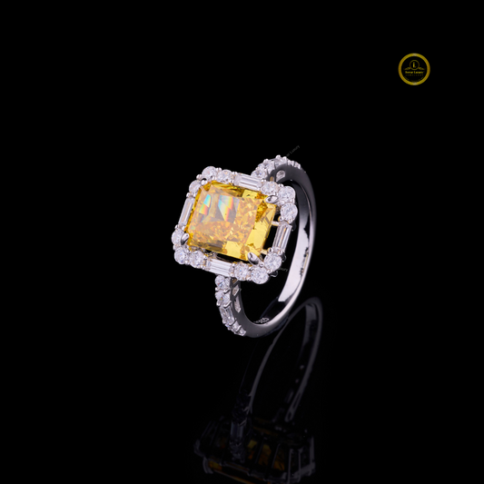 Fancy Vivid Yellow Radiant Lab Diamond Ring Halo Set Pave Band - View 2