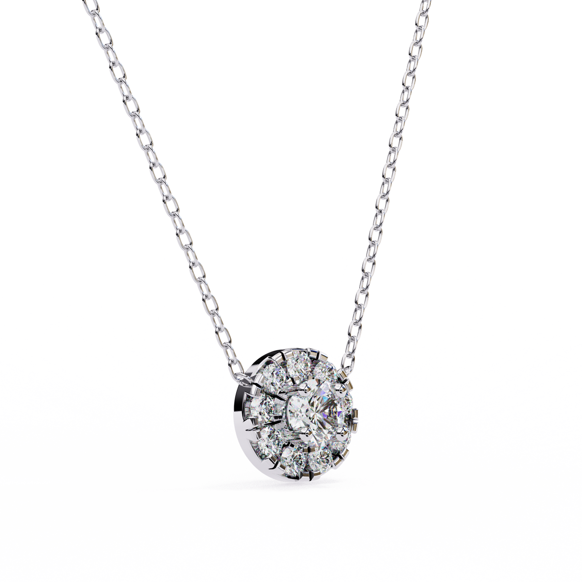 Round Lab Grown Diamond Halo Pendant with Round Cluster Accent Stones - View 7