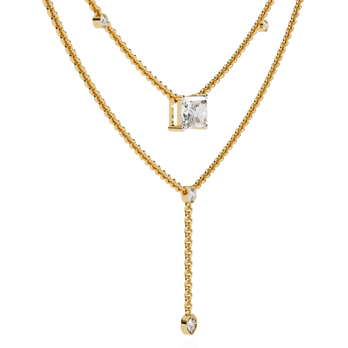 Double Layer East West Radiant Moissanite Diamond Y Drop Necklace - View 7