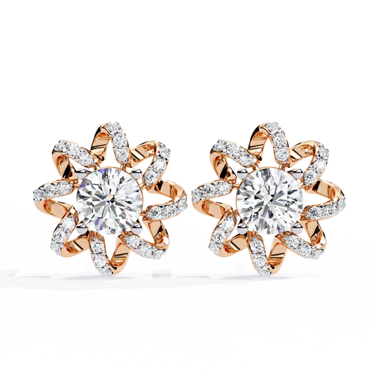 Elegant Floral Halo Stud Lab Grown Earrings Featuring Round Cut Center Stones and Pave Crystal Petals - View 2