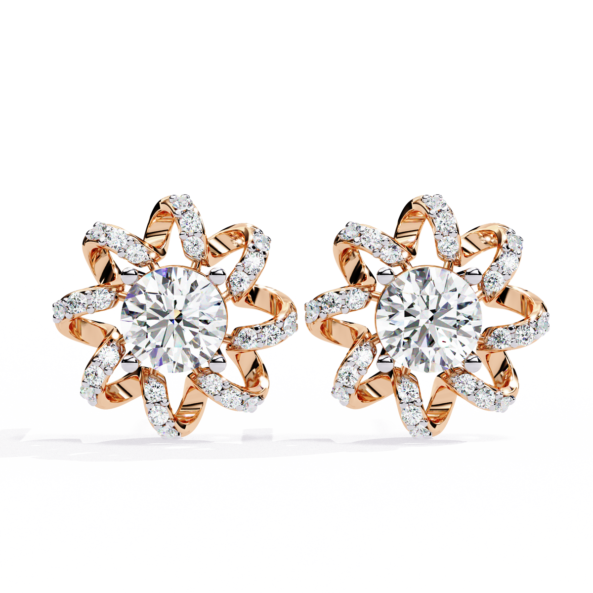 Elegant Floral Halo Stud Moissanite Earrings Featuring Round Cut Center Stones and Pave Crystal Petals - View 2