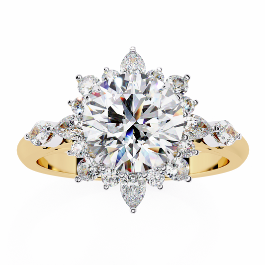 Round Sunburst Halo Lab Diamond Ring with Marquise Cut - View 2